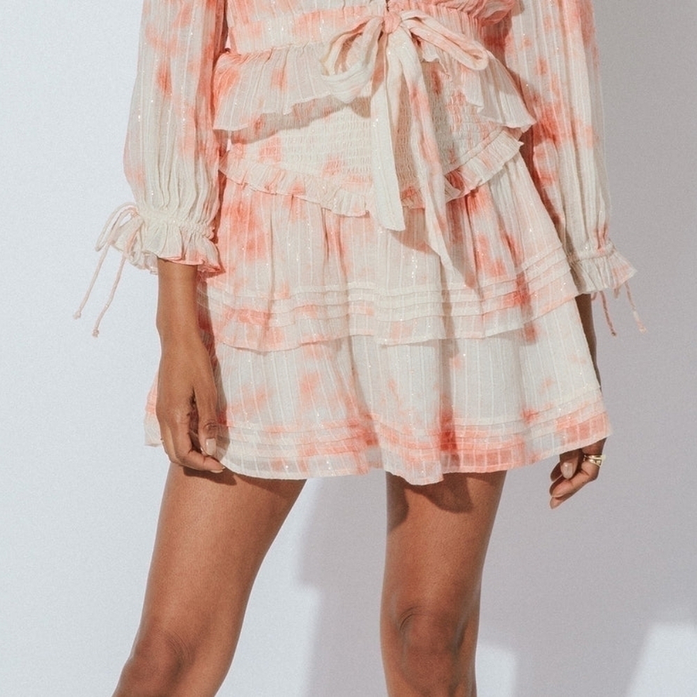 Cleobella Pink Tie-Dye Organic Cotton Smocked Tiered Ruffle Amber Mini Skirt